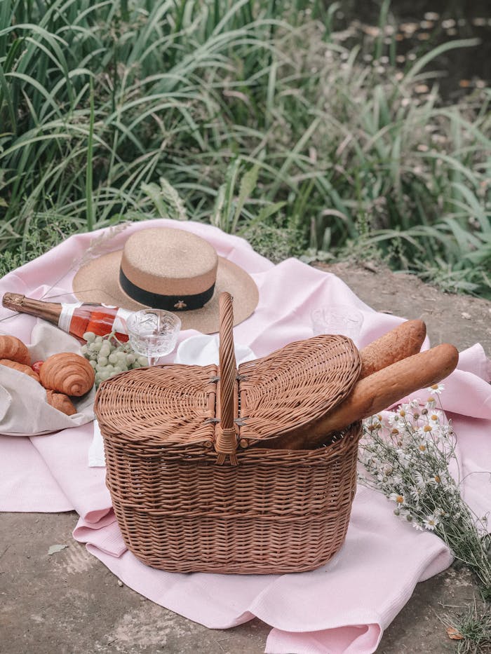 Relaxing picnic scene with bread, wine, and a wicker basket on a blanket by the grass.