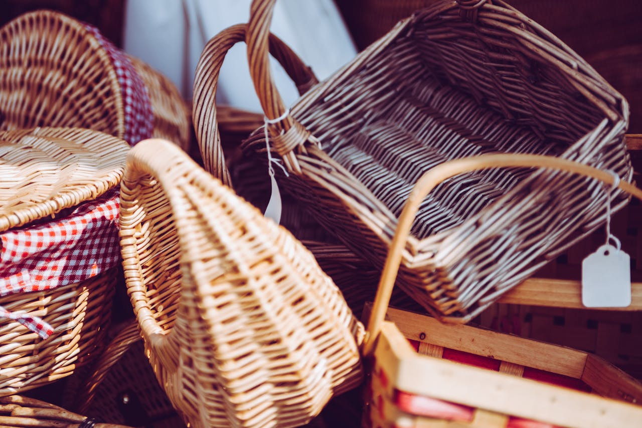 A variety of handcrafted wicker baskets showcasing traditional craftsmanship.